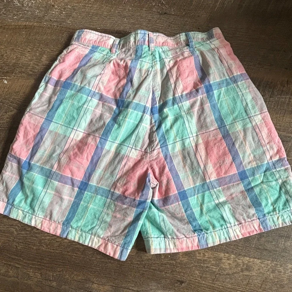 Woolrich Vintage 90s Pastel Plaid Cotton Pleated High Waisted Shorts Pink Teal